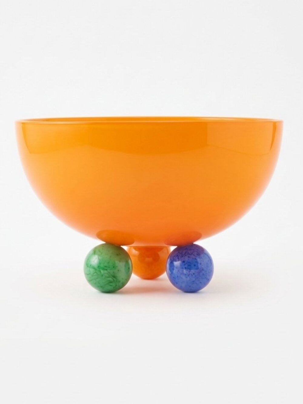 Signed David Levi Ibex Glass Studio Memphis Three-Ball Sphere Footed Bowl Orange